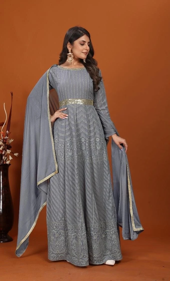 Dark Purple Designer Anarkali Dress with Dupatta